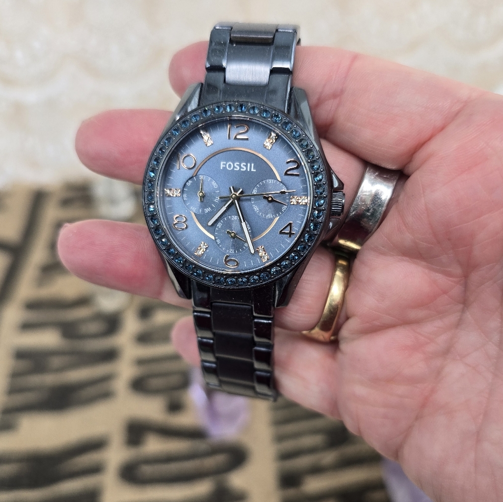 Slate Blue Fossil watch with rose gold accents and rhinestone details. Fashion